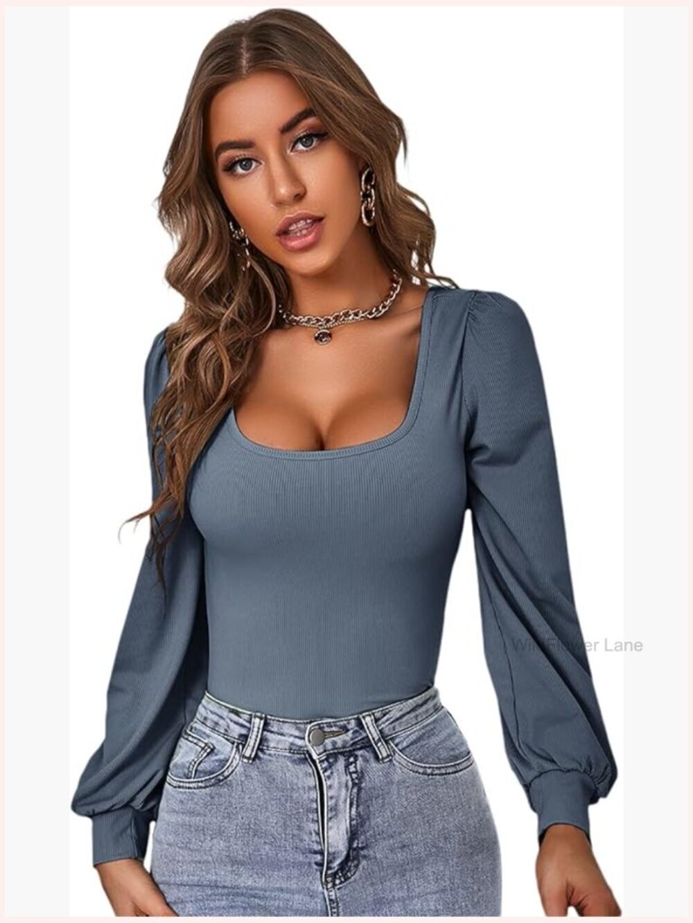 Square Neck Bishop Long Sleeve Tee Slim Fit T-Shirt